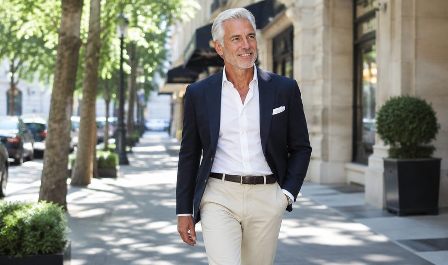Man in his sixties walking in light chinos and a navy blazer